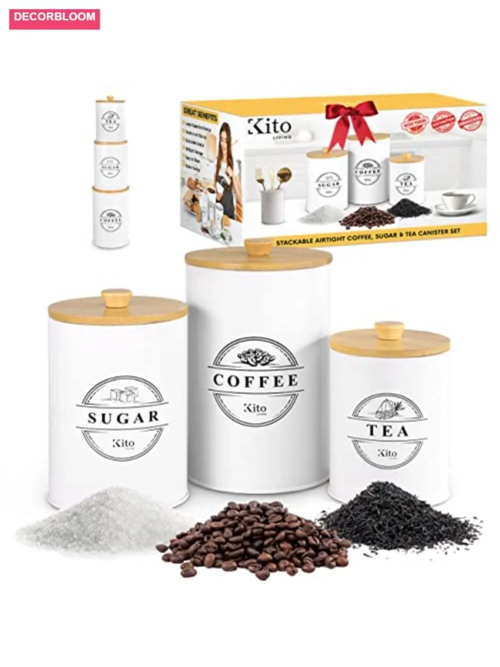 Airtight Tea Coffee Sugar Container Set - Stackable Kitchen Canisters